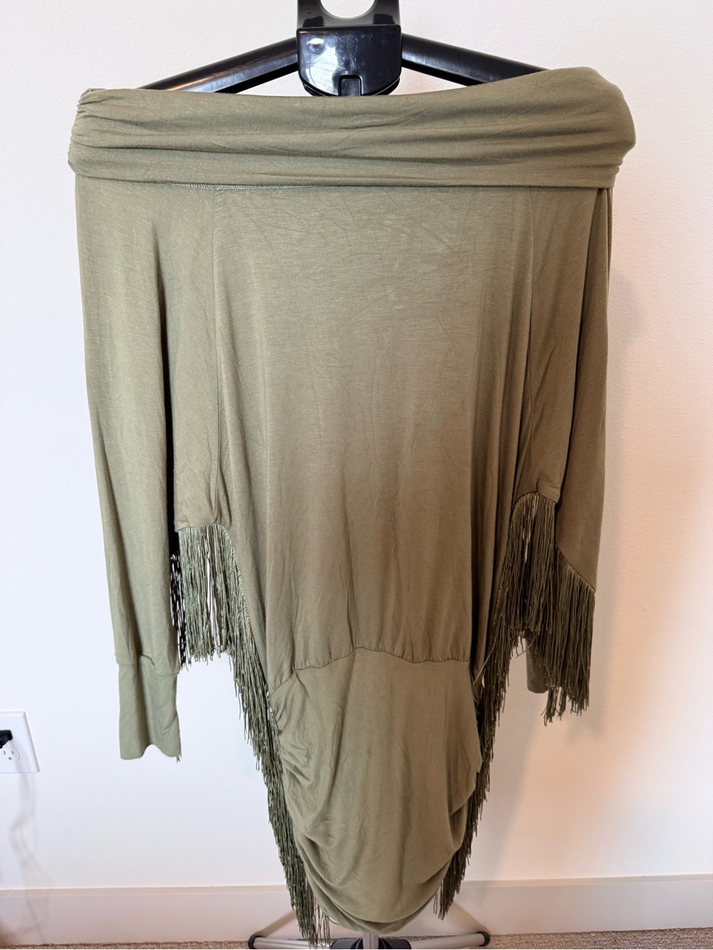 Women's Off-Shoulder Long Sleeve Fringe Dress - Olive